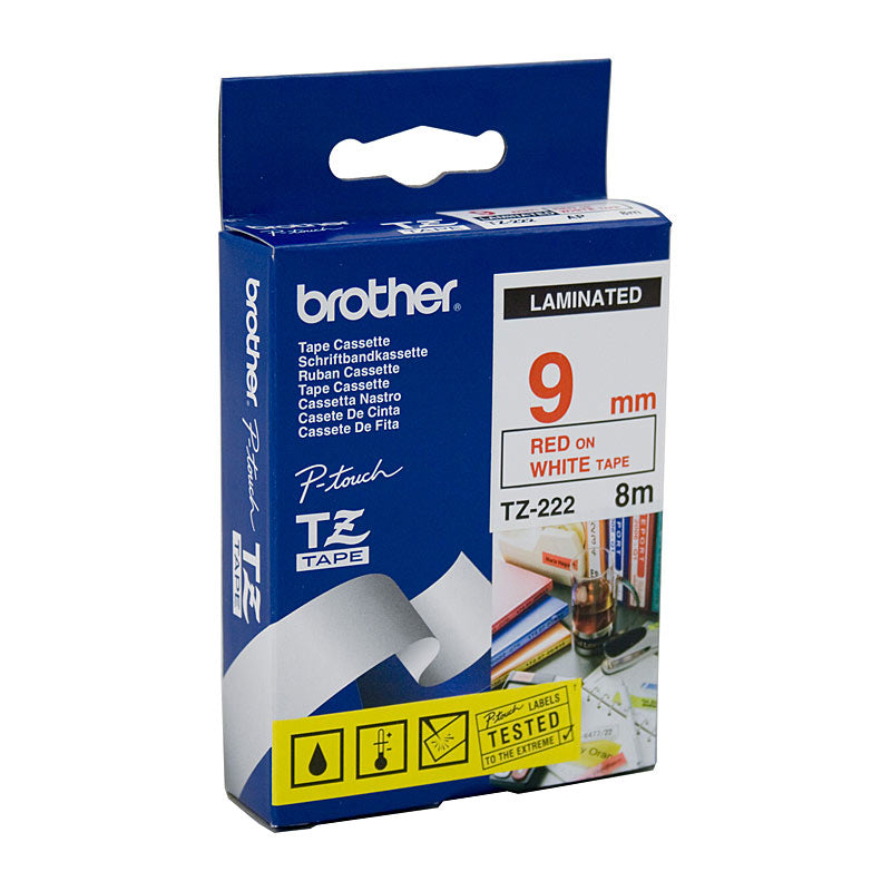 Brother TZ222 Red/White 9mm Tape