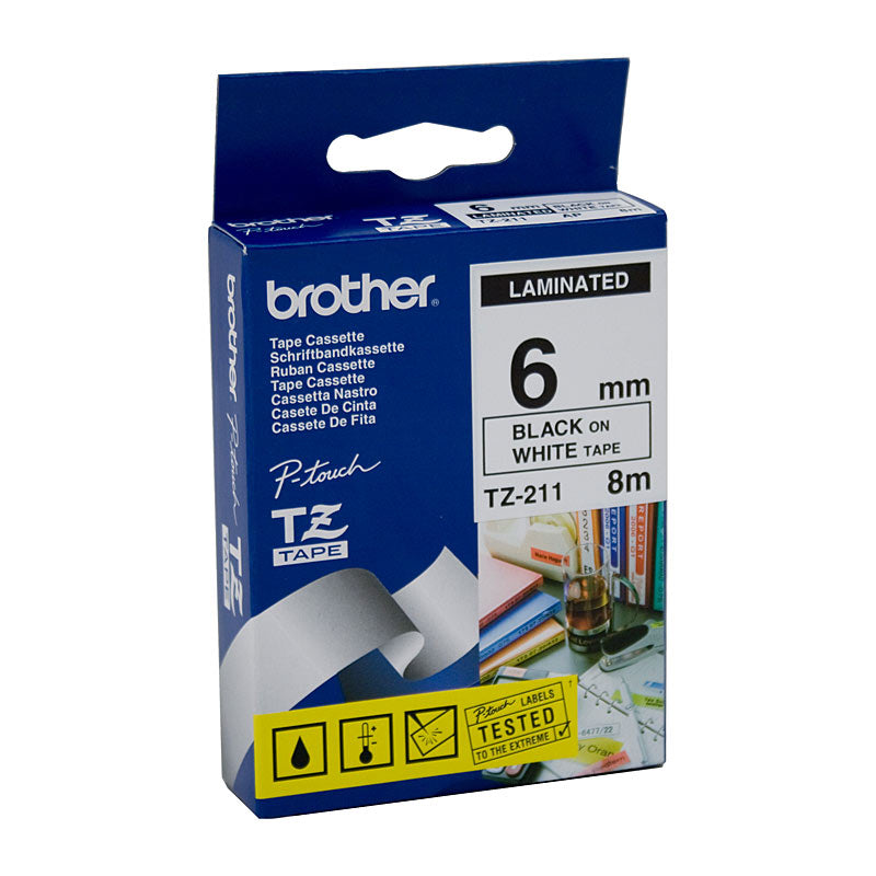 Brother TZe211 Black on White 6mm Tape