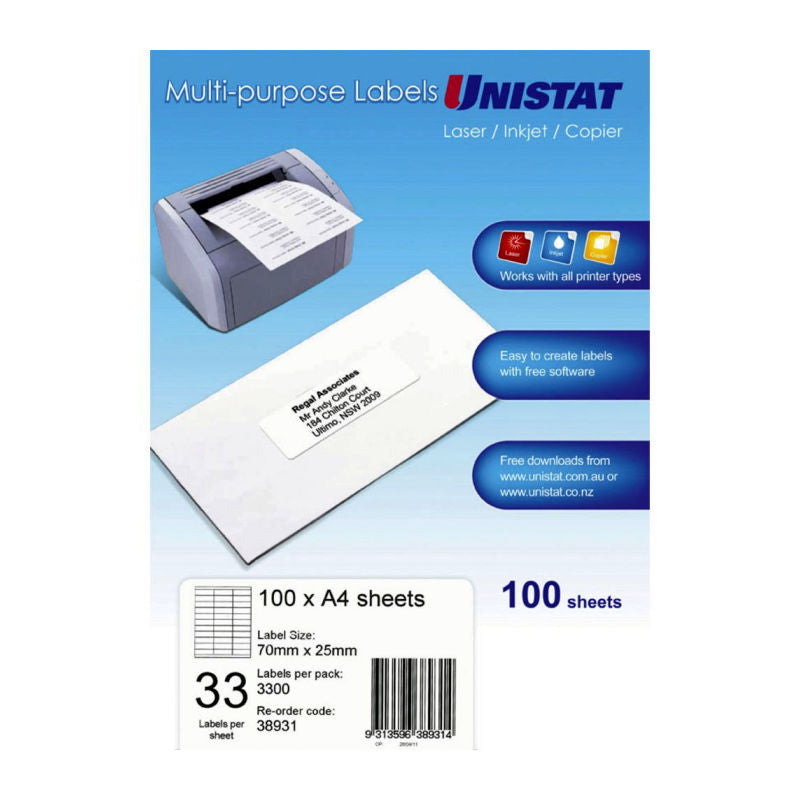 UNISTAT LIP Lbl 33Up 70X25mm Bx100