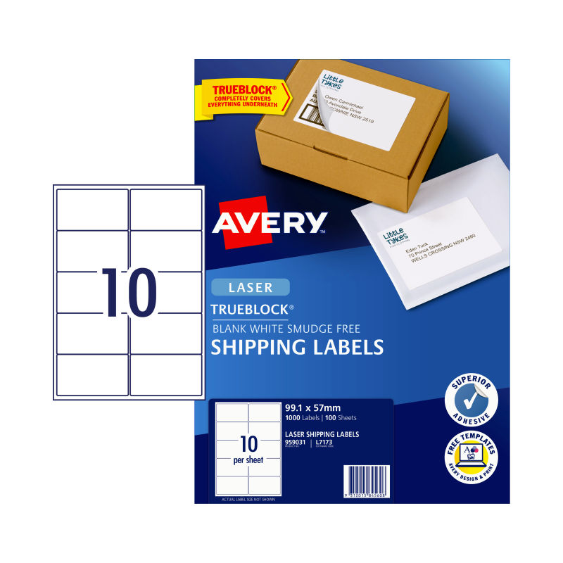 Avery Laser Lable L7173 10Up Shipping 99.1x57mm  Pk/100 White