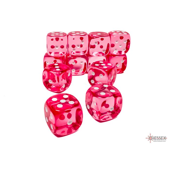 CHX 23614 Translucent Pink/white (16mm D6 12-Dice Set)