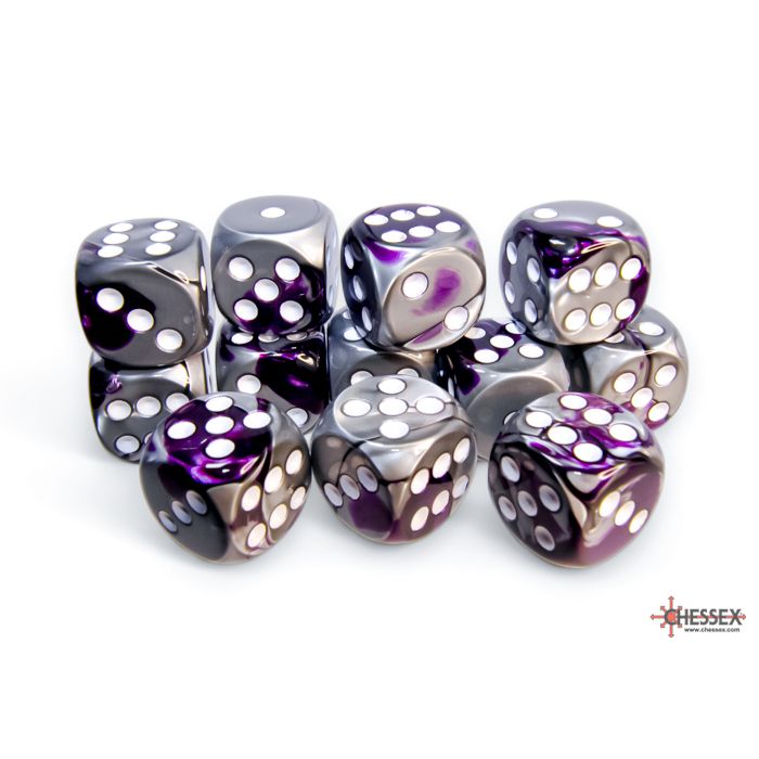 CHX 26632 Gemini Purple-Steel/white (16mm D6 12-Dice Set)