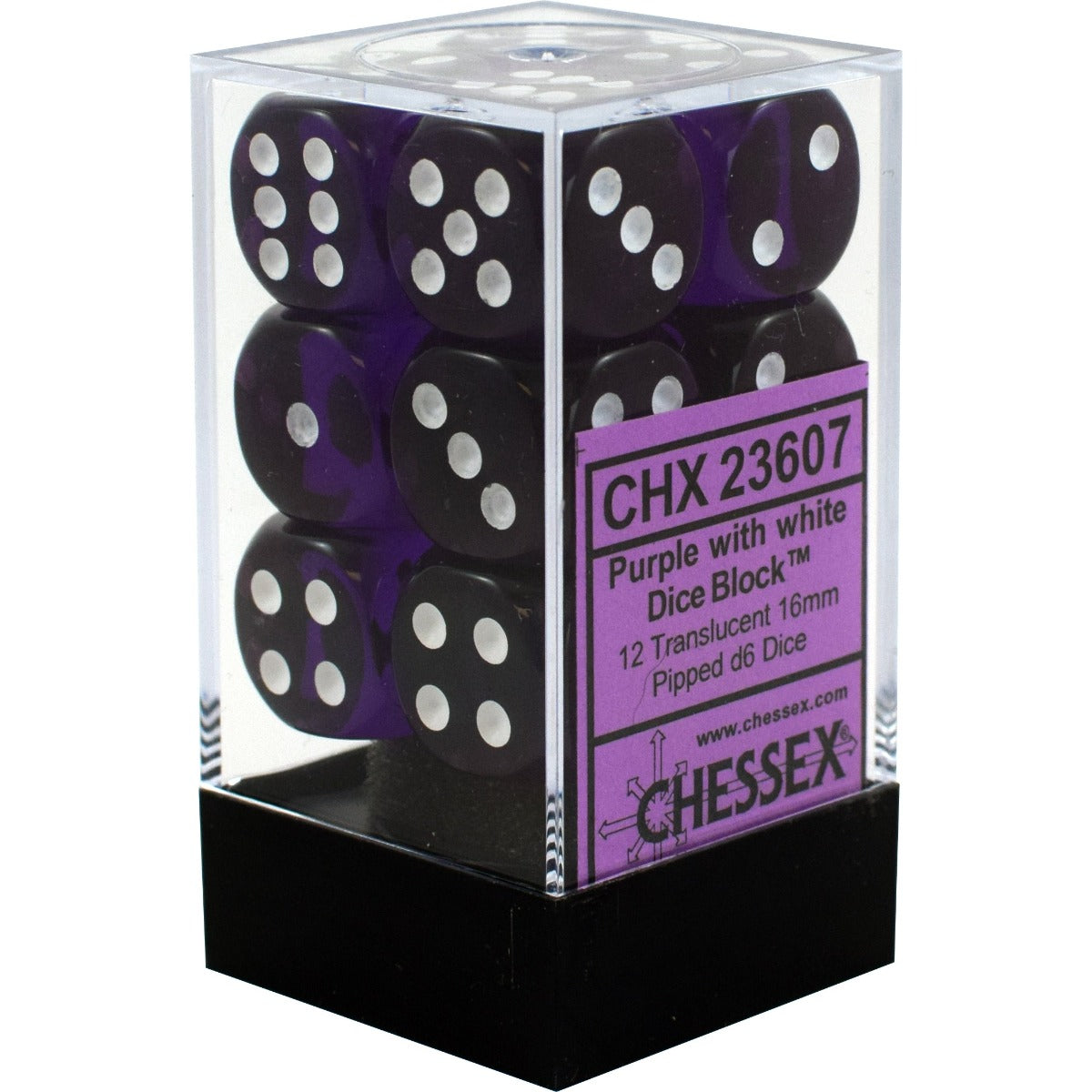 CHX 23607 Translucent Purple/white (16mm D6 12-Dice Set)