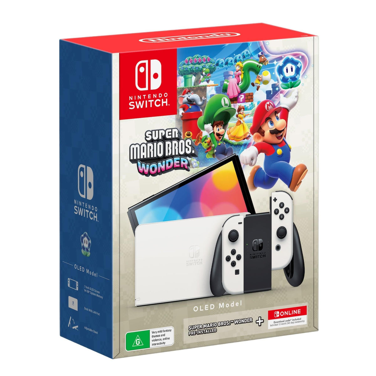 Nintendo Switch Console OLED Model White + Super Mario Bros Wonder DLC &amp; 12-Month Online Membership Bundle