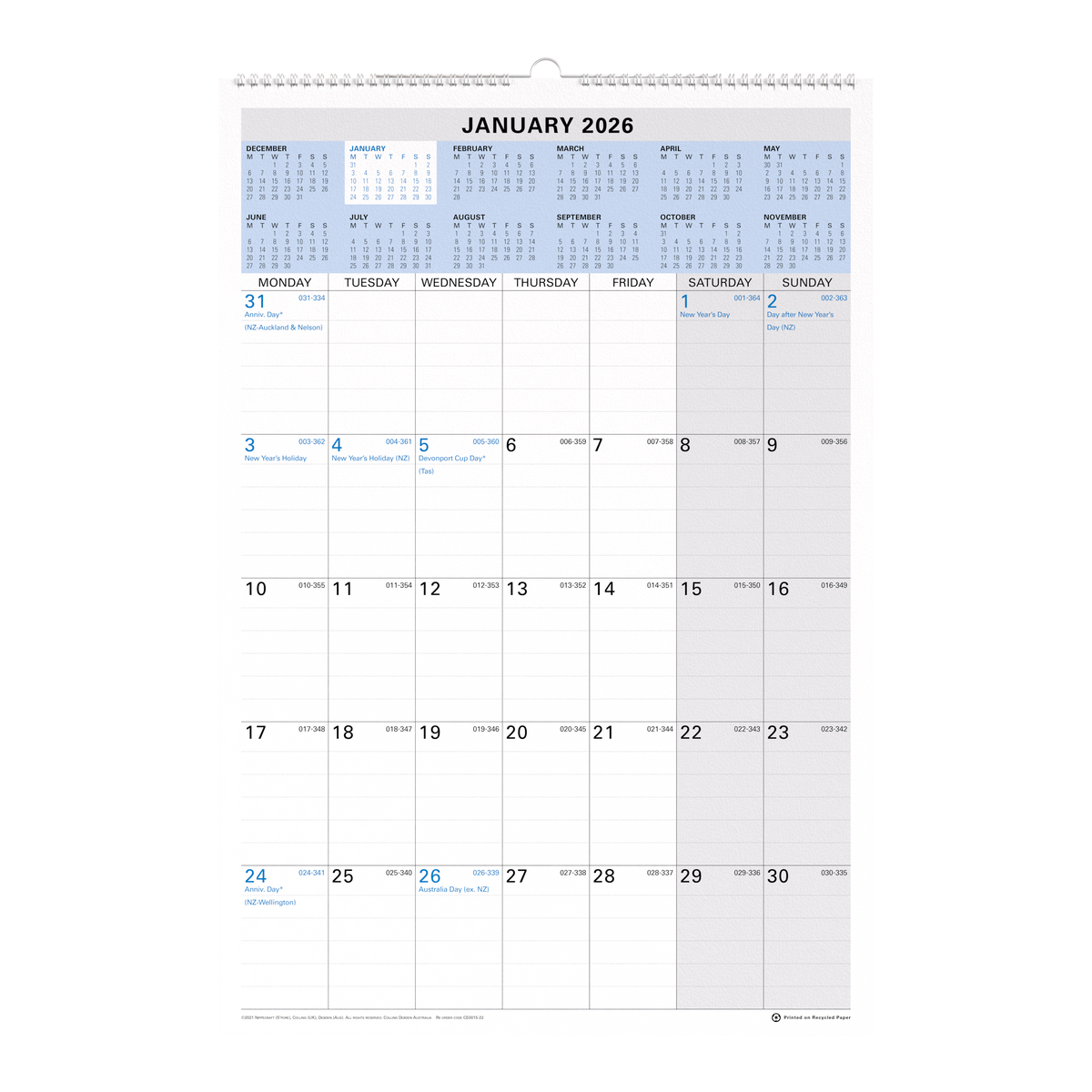 Collins Debden 2026 Calendar Year Planner - Wall CE0013 WIRO (432 x 300mm) MTV