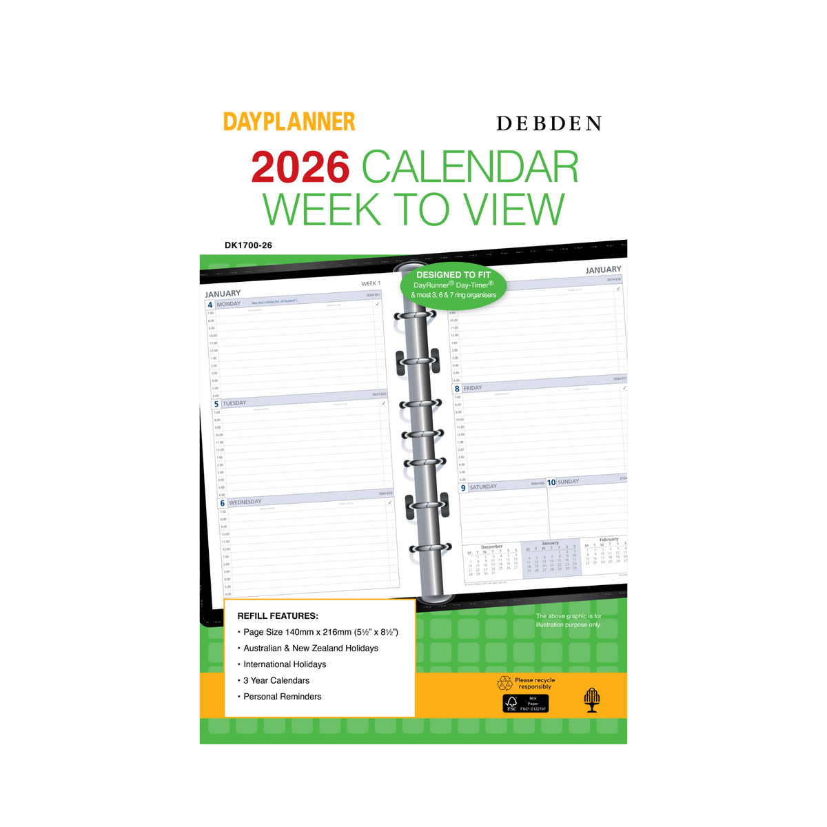 Collins Debden 2026 Calendar Year Planner - Refill Desk DK17 WTV