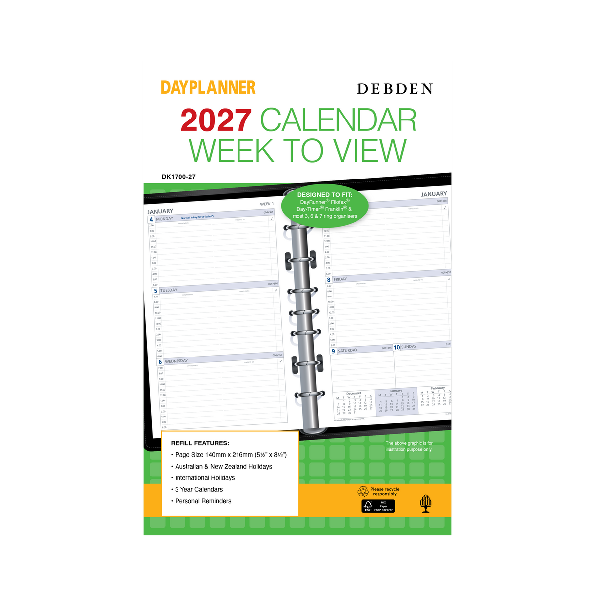 Collins Debden 2027 Calendar Year Planner - Refill Desk DK17 WTV
