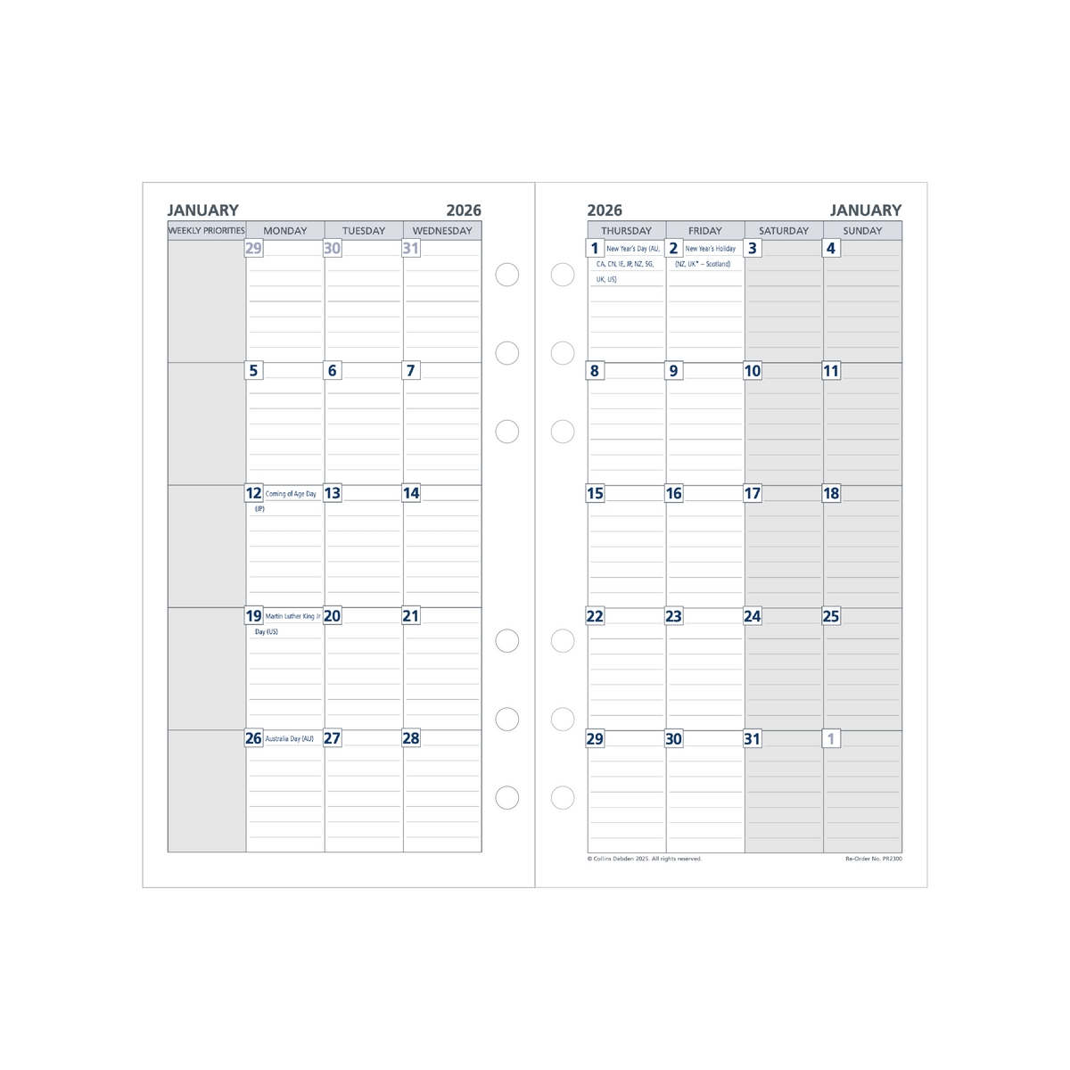 Collins Debden 2026 Calendar Year Planner - Refill Personal Edition PR2300 MTV
