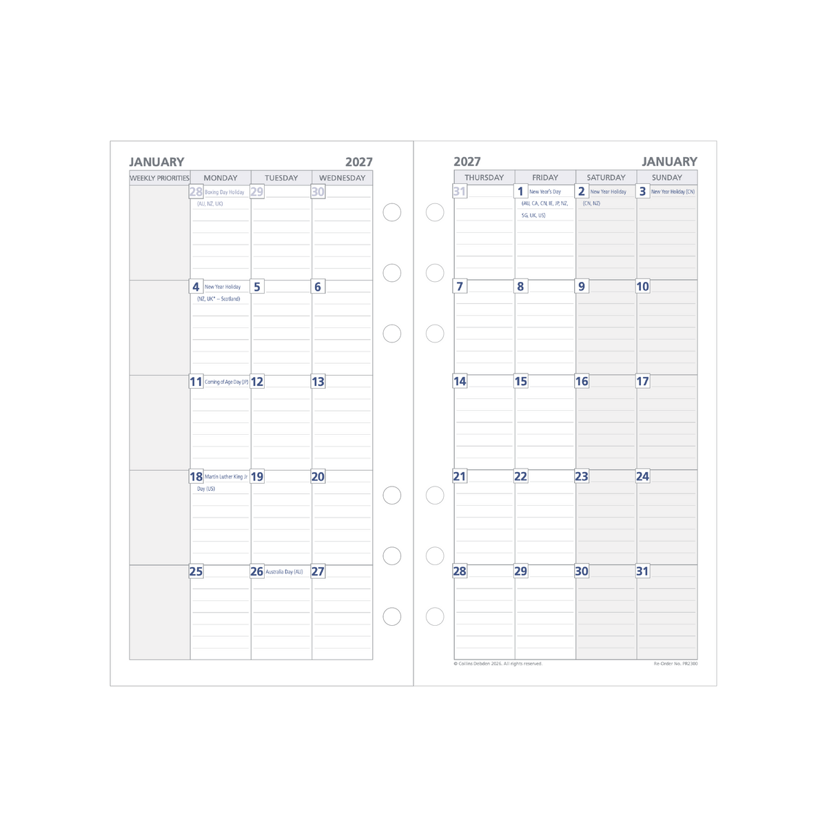 Collins Debden 2027 Calendar Year Planner - Refill Personal Edition PR2300 MTV