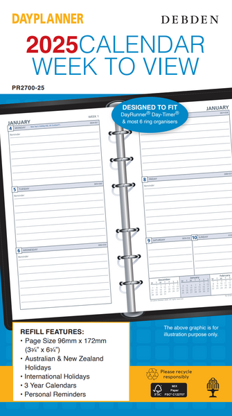 Collins Debden 2025 - Personal Weekly Ruled Planner Refill PR2700 WTV