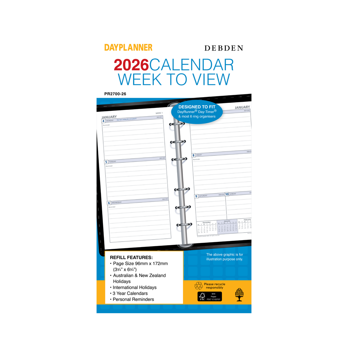 Collins Debden 2026 - Personal Weekly Ruled Planner Refill PR2700 WTV