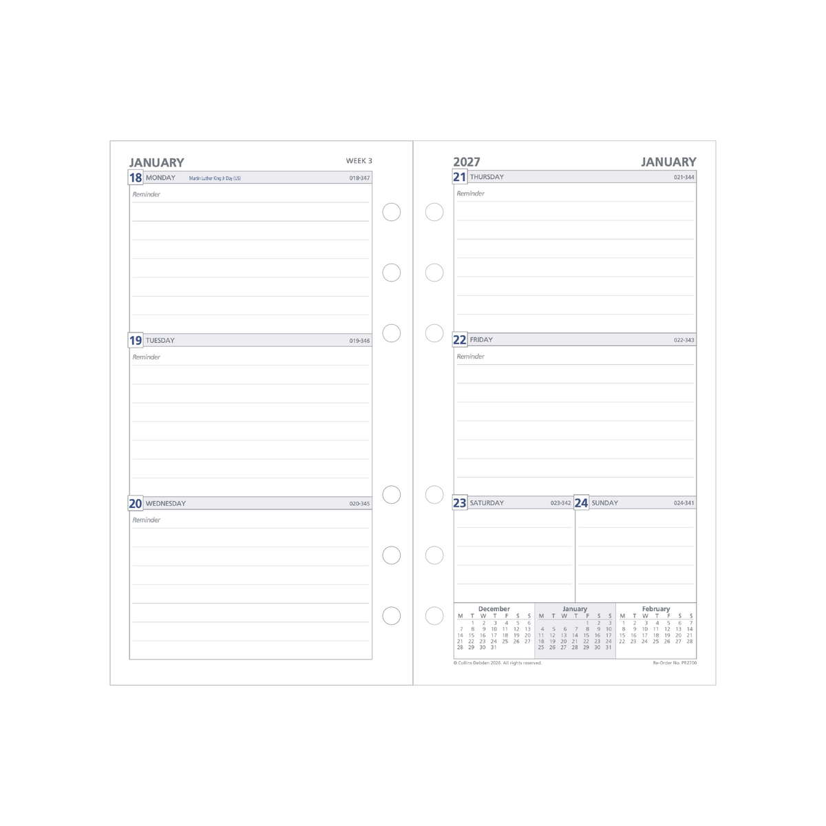 Collins Debden 2027 - Personal Weekly Ruled Planner Refill PR2700 WTV