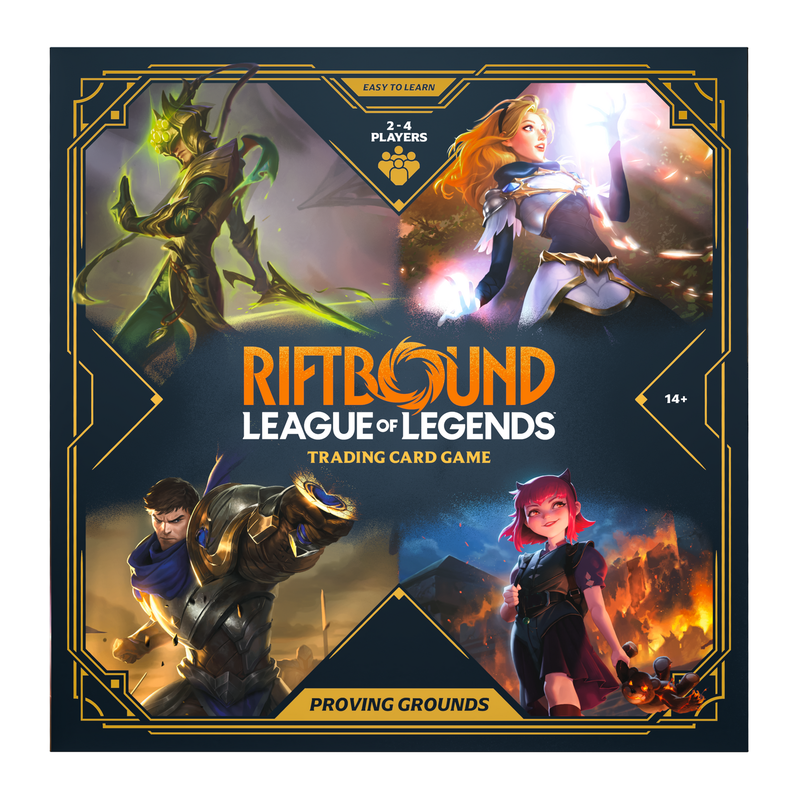 Box of Riftbound League of Legends Trading Card Game featuring characters on a dark background