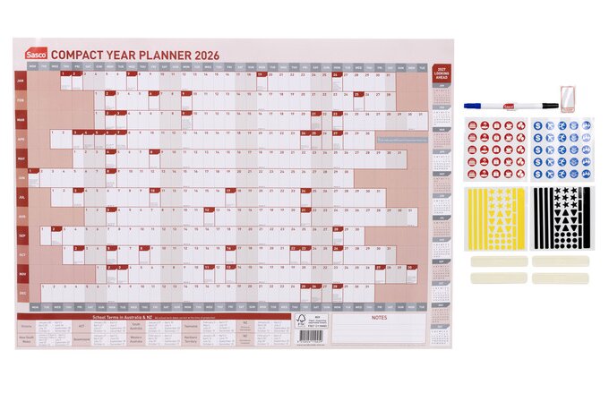 Sasco 2026 Calendar Year Planner - Compact (594x420mm) 1043526 Red