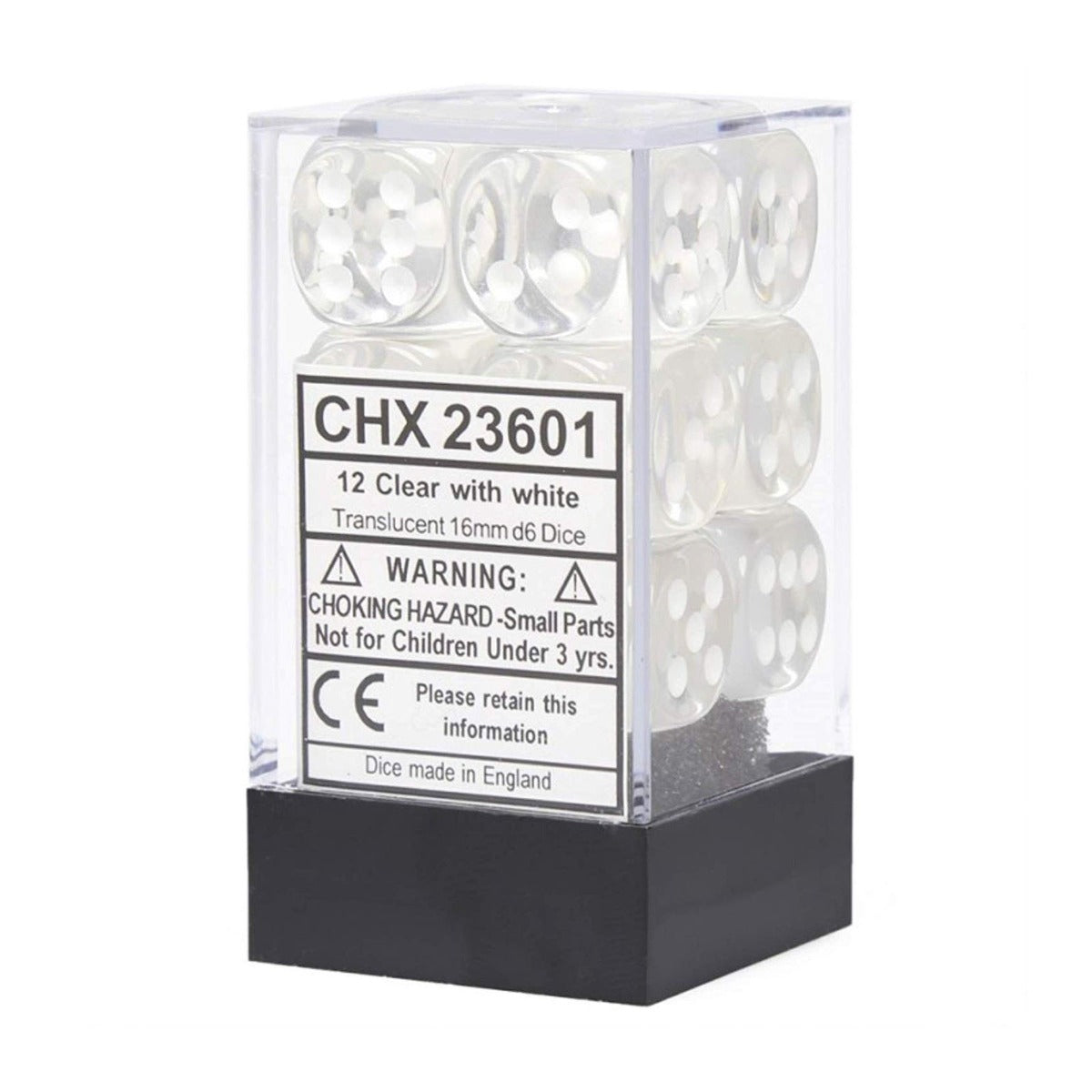 CHX 23601 Translucent Clear/white (16mm D6 12-Dice Set)