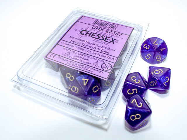 CHX 27387 Borealis Royal Purple/gold Luminary (Set of Ten D10 Dice)