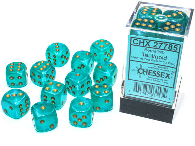 CHX 27785 Borealis Teal/gold Luminary 16mm D6 12-Dice Set