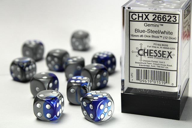 CHX 26623 Gemini Blue-Steel/white (16mm D6 12-Dice Set)