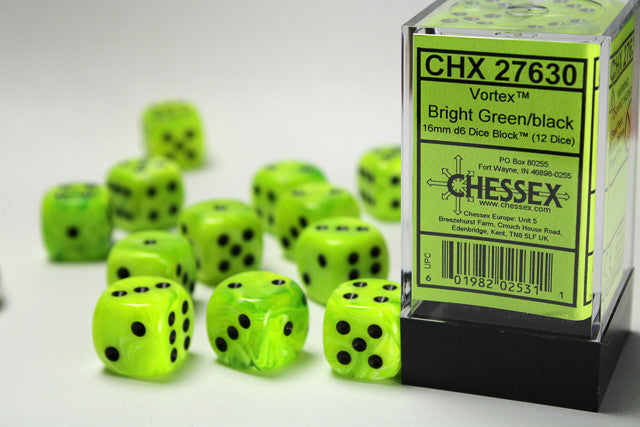 CHX 27630 Vortex Bright Green/Black 16mm D6 12-Dice Set