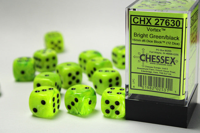 CHX 27630 Vortex Bright Green/black (16mm D6 12-Dice Set)