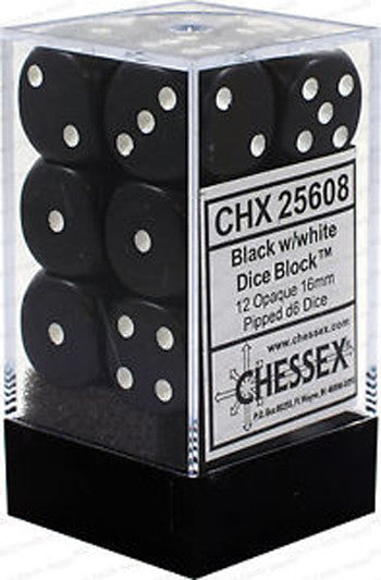 CHX 25608 Opaque Black/White 16mm D6 12-Dice Set