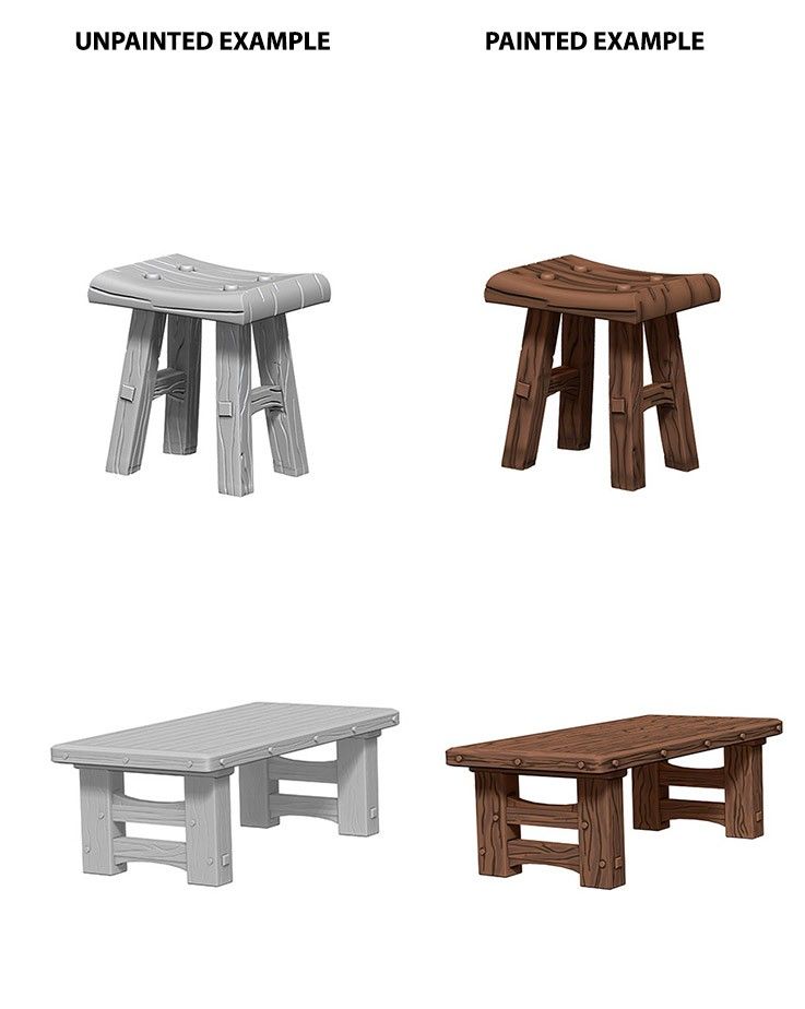 D&amp;D - Wooden Table &amp; Stools (Wizkids Deep Cuts Unpainted Miniatures)