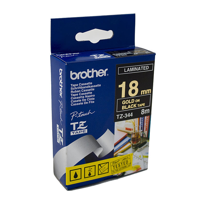 Brother TZe344 Tape 18mm Gold on Black