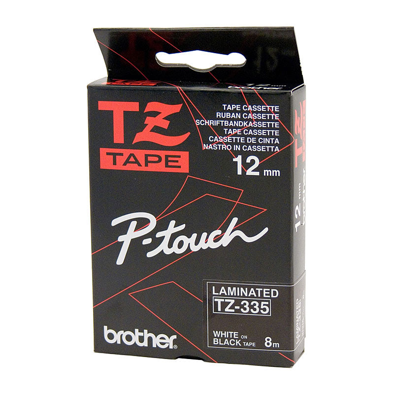 Brother TZe335 White/ Black 12mm x 8 Mtre