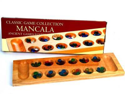 Mancala - 44cm Wood Board with Glass Beads (Hansen)